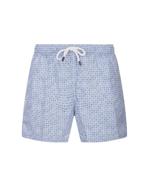 Fedeli Blue Swim Shorts With Micro Pattern Of Polka Dots And Flowers for men