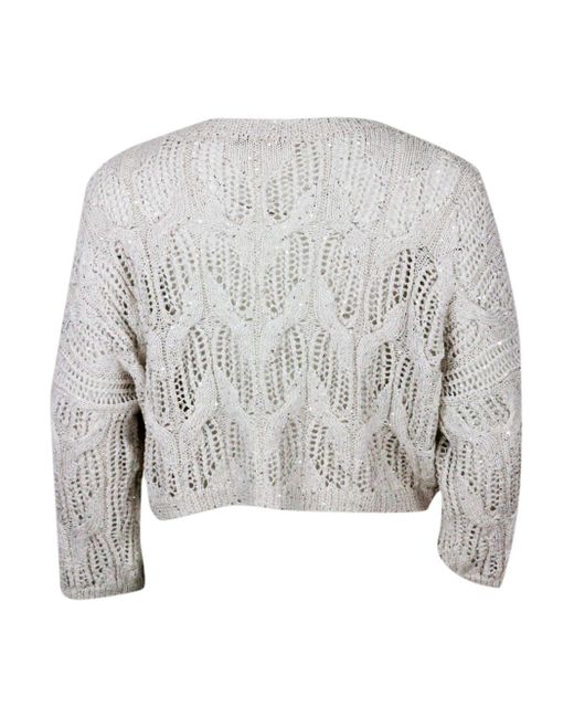 Antonelli Gray Long-Sleeved Crew-Neck Sweater With Braided Workmanship Embellished With Cotton And Linen Microsequins