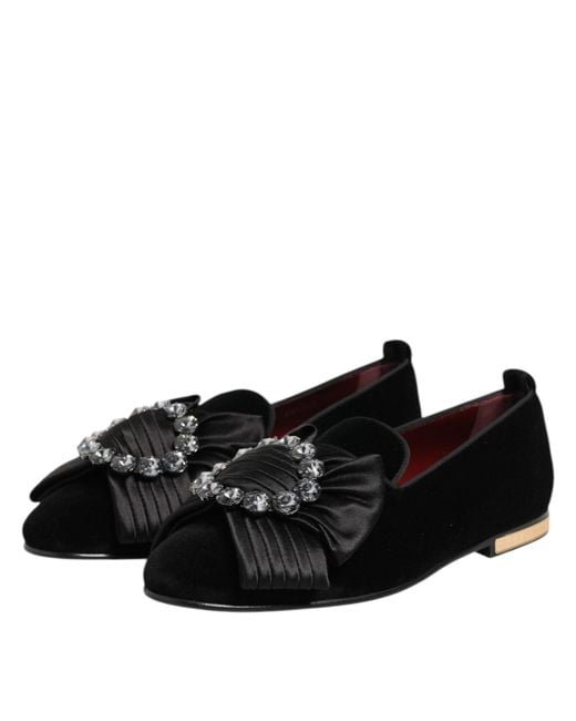 Dolce & Gabbana Black Vaticano Crystal Ribbon Slip On Shoes Cotton for men