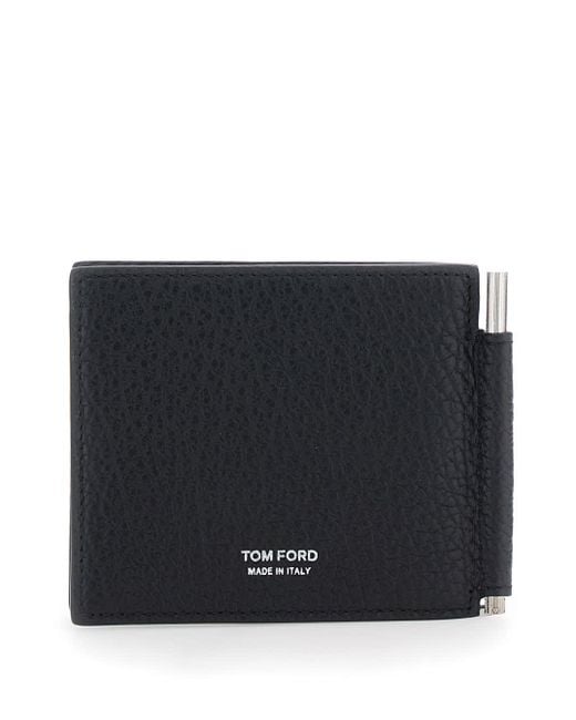 Tom Ford Black Bi-Fold Wallet With T Detail On The Front And Embossed Logo On The Rear for men