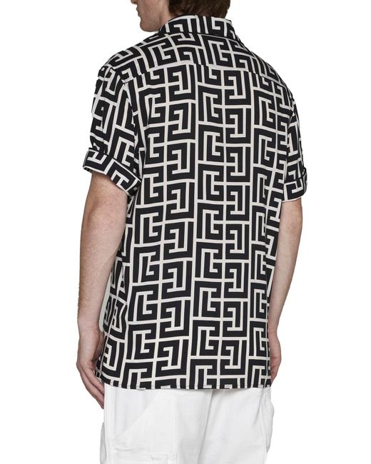 Balmain Black Monogram-print Short-sleeve Shirt for men