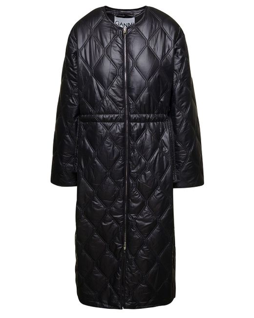 Ganni Shiny Quilt Long Coat in Black | Lyst