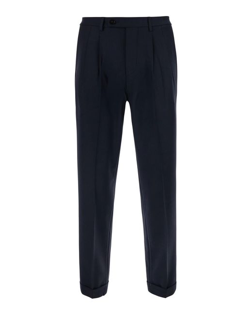 Michael Coal Blue Double Pleated Trousers Tech Fabric Wool for men