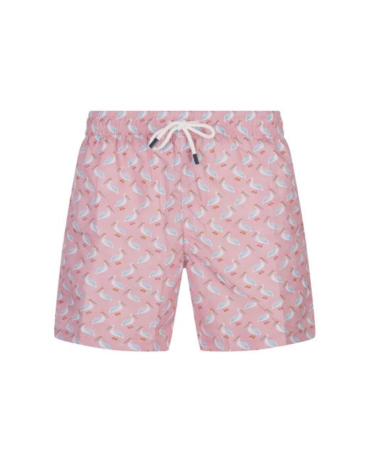 Fedeli Pink Swim Shorts With Pelican Pattern for men