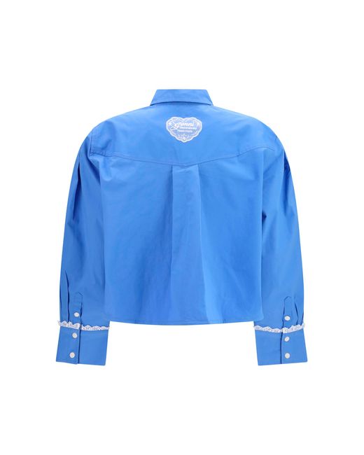 Ganni Blue Cotton Shirt With Lace Details Cotton; Elastane