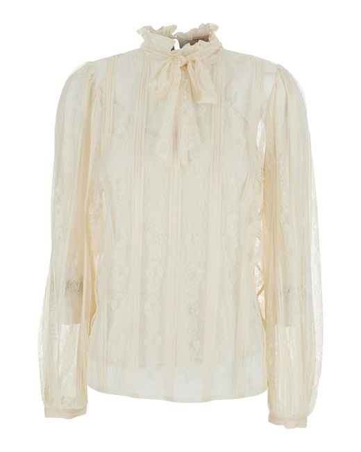 Twinset White Shirt With Lace Design And Knot
