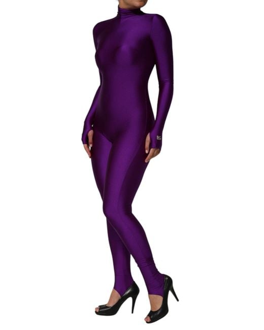 Dolce & Gabbana Purple Nylon Turtleneck Bodycon Jumpsuit Dress