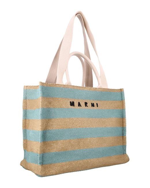 Marni Blue Raffia-Effect Medium Tote Bag