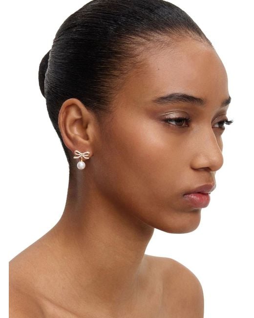Self-Portrait Metallic Earrings With Bow And Pearl, -Coloured