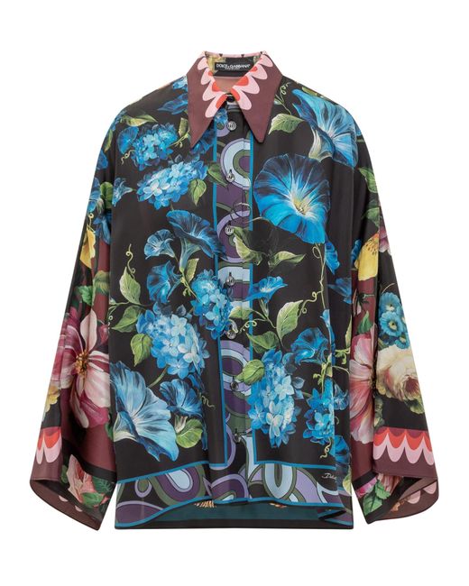 Dolce & Gabbana Blue Habotai Silk Flower Print Over Shirt