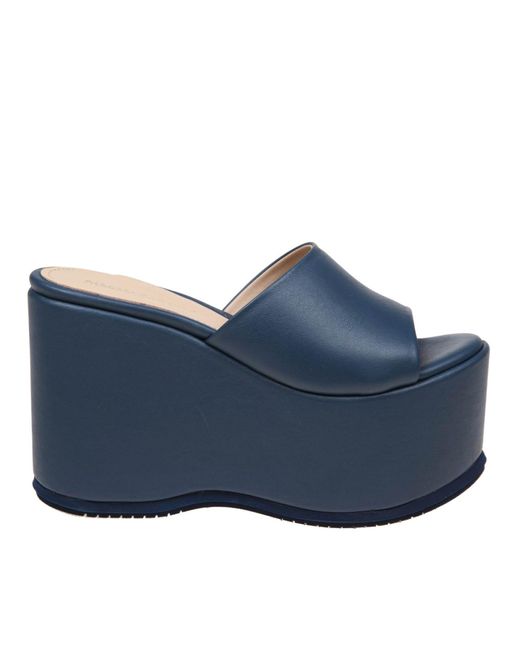 Paloma Barceló Blue Leather Mules With Wedge