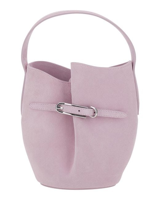 Liffner Pink Shoulder Bag Belted Bucket Mini Cow Suede With Buckle Closure And Leather Strap