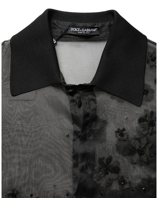 Dolce & Gabbana Black Floral Applique Sheer Short Sleeve Shirt Silk for men