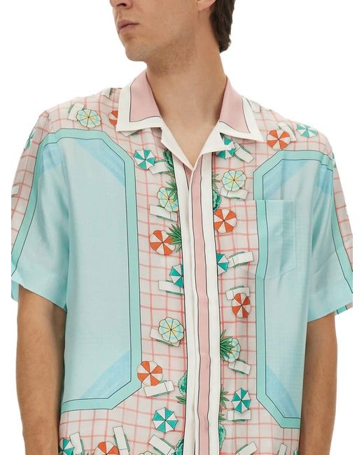 Casablanca Blue Vibrant Silk Short-Sleeved Shirt With Geometric Patterns for men