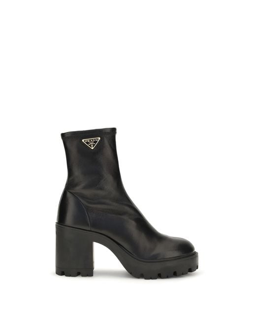 Prada Black Stretch Leather Platform Ankle Boots