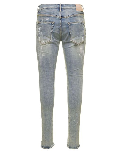 Purple Brand Blue Light E Five Pockets Skinny Jeans With Paint Stains In Cotton Denim Man for men