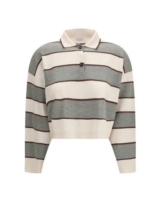 Brunello Cucinelli White Polo Crop Sparkling Stripes Knit Knitwear