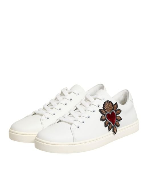 Dolce & Gabbana White Leather Sacred Heart Patch Sneakers Shoes Calf
