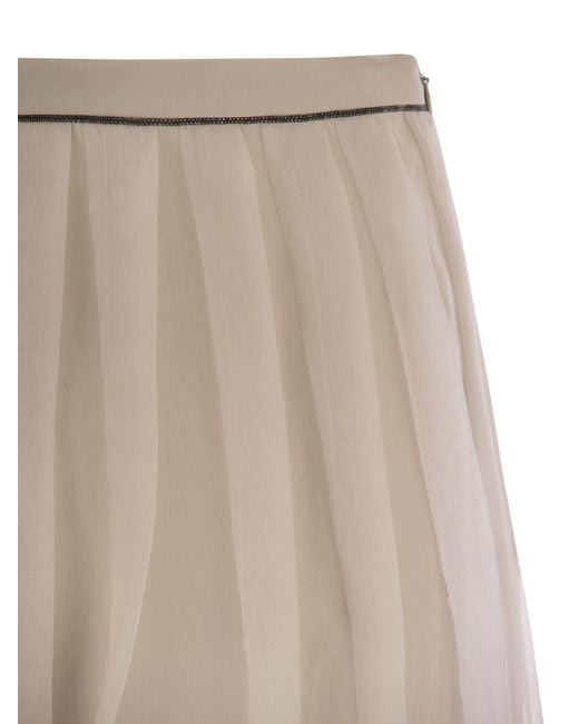 Brunello Cucinelli Natural Crispy Silk Pleated Midi Skirt With Shiny Waistband
