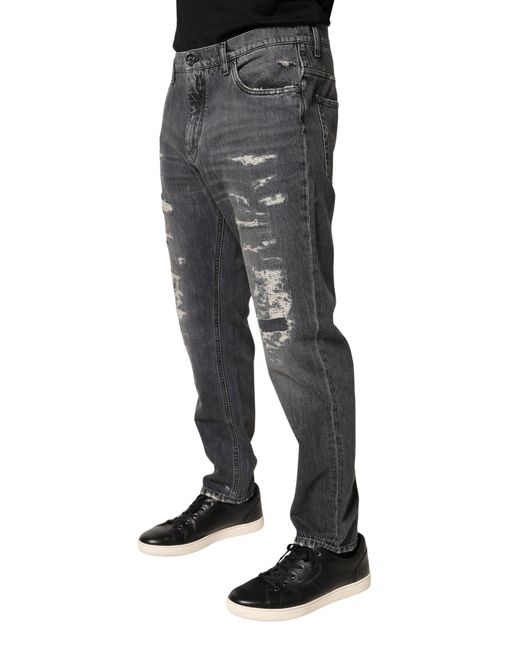 Dolce & Gabbana Gray Tattered Cotton Loose Denim Jeans Clothing for men