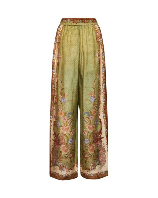 Zimmermann Green Khaki Floral Scarf-Print Silk Habotai Indra Relaxed Trousers