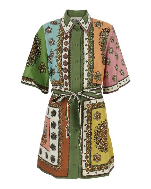 ALÉMAIS Green Mini Dress Contina With Front Belt And All-Over Print