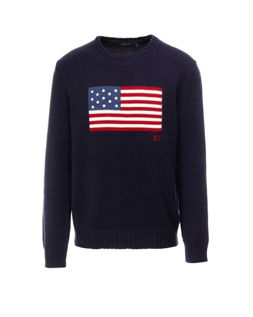 Ralph Lauren Blue American Flag Cotton Knit Sweater for men