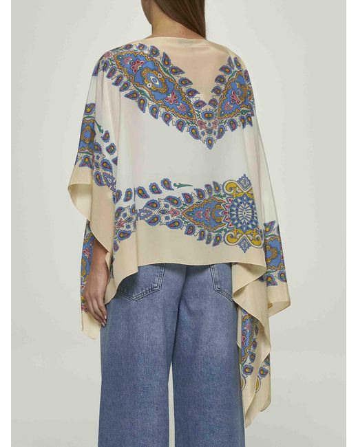 Etro Blue Ivory Paisley Print Crêpe De Chine Poncho
