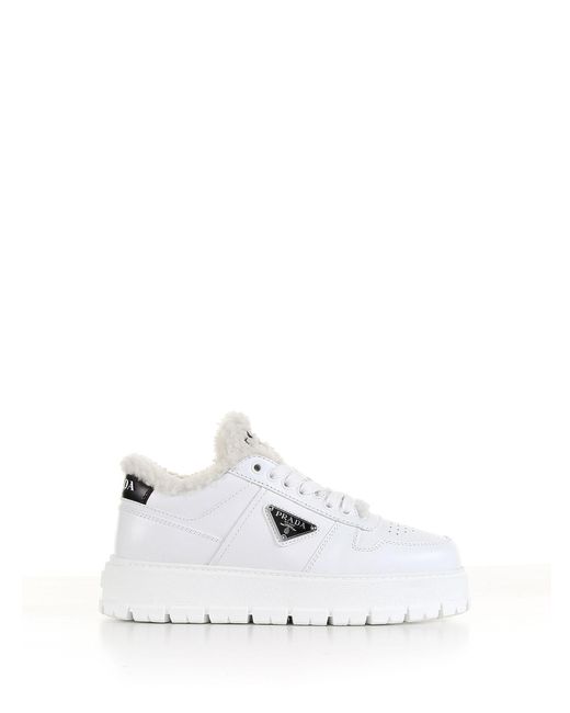 Prada Leather Sneakers With High Sole in White | Lyst
