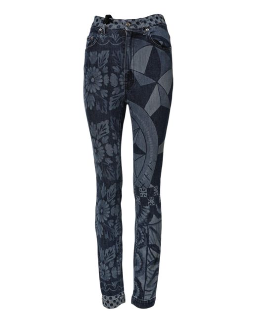 Dolce & Gabbana Blue Printed Denim Slim Jeans