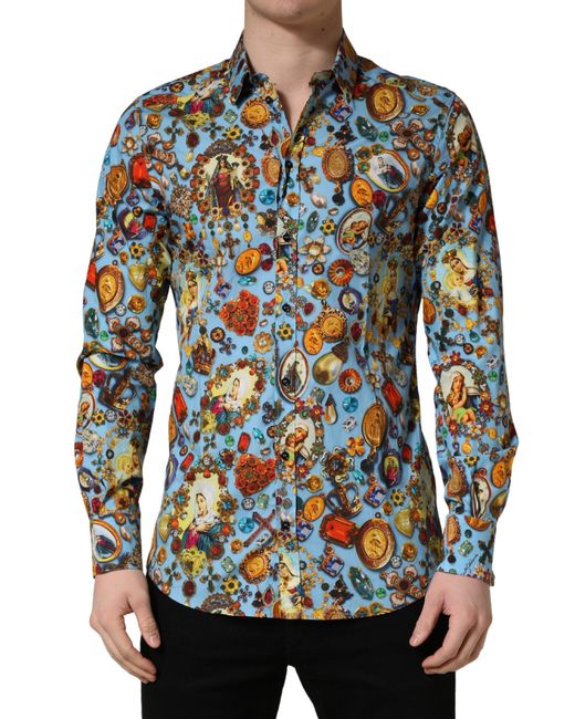 Dolce & Gabbana Blue Cotton Jewel Print Button Down Gold Shirt for men