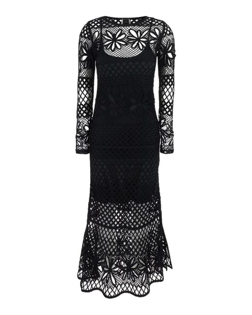 Pinko Black Ortles' Crewneck Long Dress With Fishnet Design