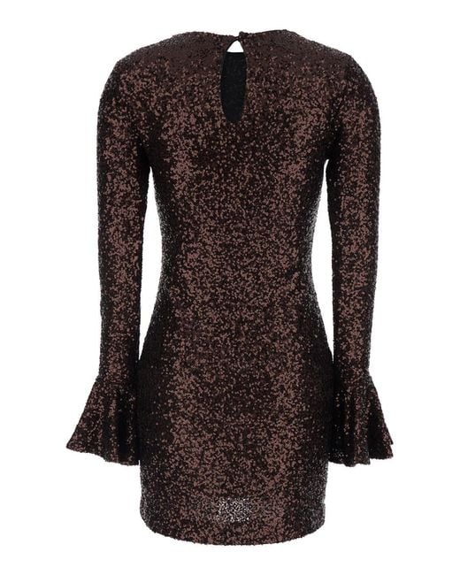 Le Plain Brown Dress With Round Neck And All-Over Applied Sequins