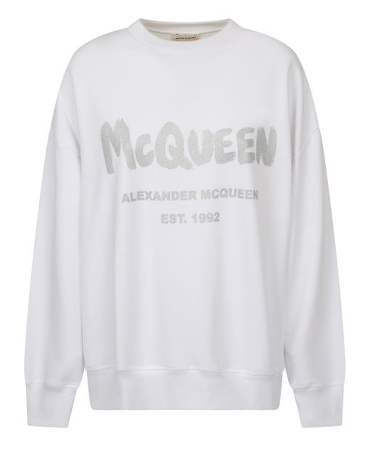 Alexander McQueen Cotton Felpa Giro Logo in White | Lyst