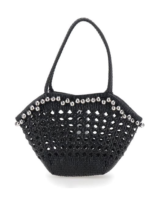 OSOI Black Shoulder Bag Lip With Rounded Handles And Leather Bead Details