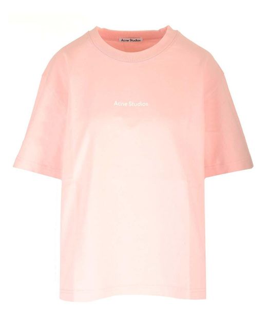Acne Pink Logo Printed Crewneck T-Shirt