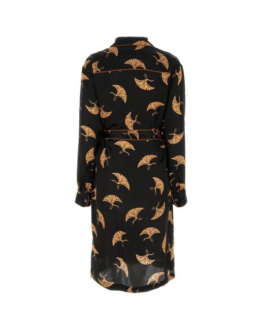 Dries Van Noten Black Belted Printed Silk Shirt Dress