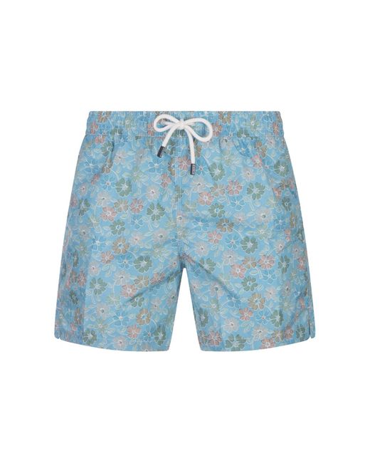 Fedeli Blue Light Swim Shorts With Multicoloured Flower Pattern for men