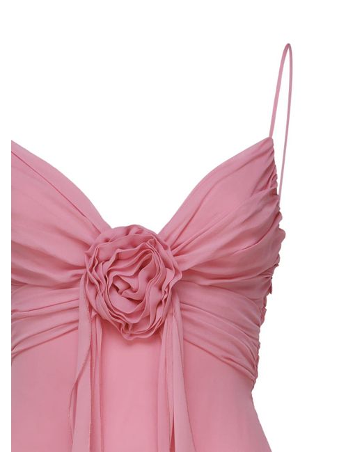 Blumarine Pink Long Silk Dress With Draping And Decorative Rose