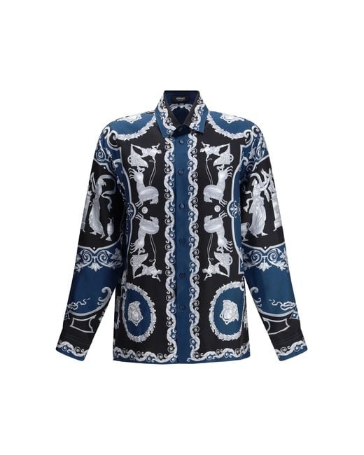 Versace Blue Regular-Fit Printed Silk Twill Shirt for men