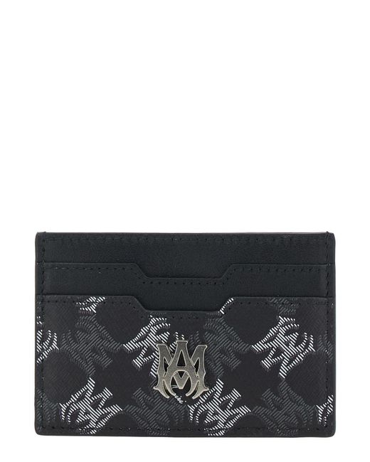 Amiri Black Leather Card Holder With All-Over Logo For Cotton Linen Polyurethane Products for men