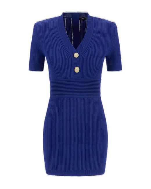 balmain v neck tie waist panelled crepe gown