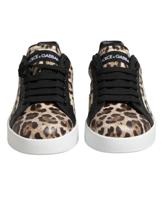 Dolce & Gabbana Black Portofino Sneakers In Leopard-print Calfskin Nappa