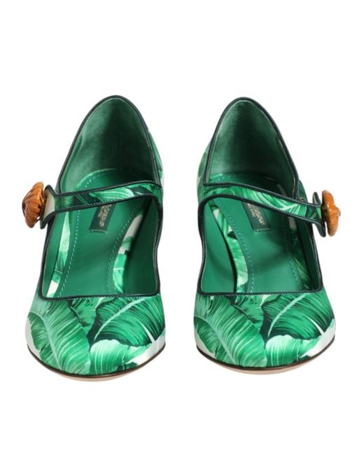 Dolce & Gabbana Green Silk Mary Janes Leaf Sandals Shoes Se+Vi