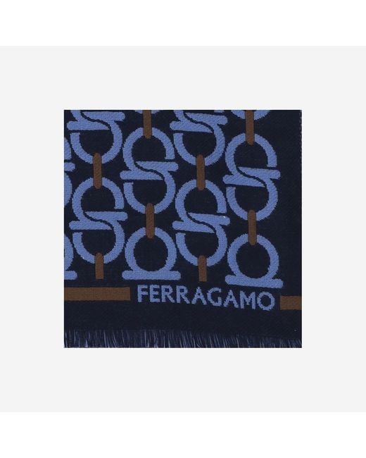 Ferragamo Blue Wool Scarf With Hook Pattern for men