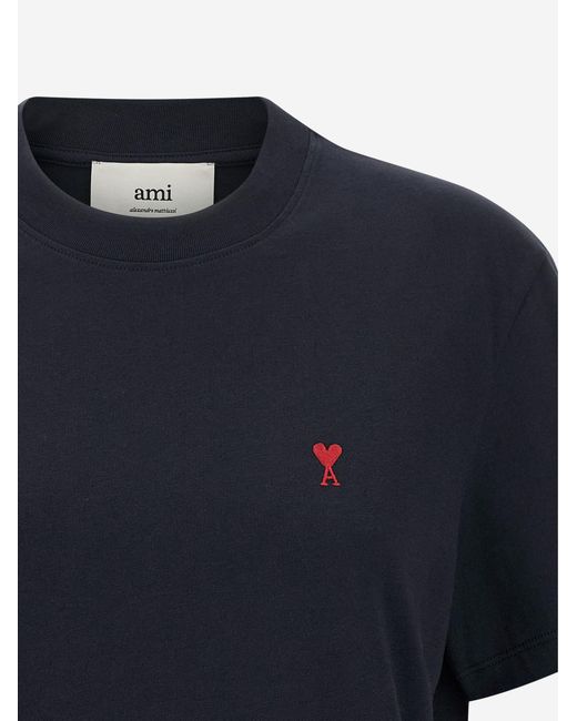 AMI Blue Cotton T-Shirt With Embroidered Logo T-Shirts for men