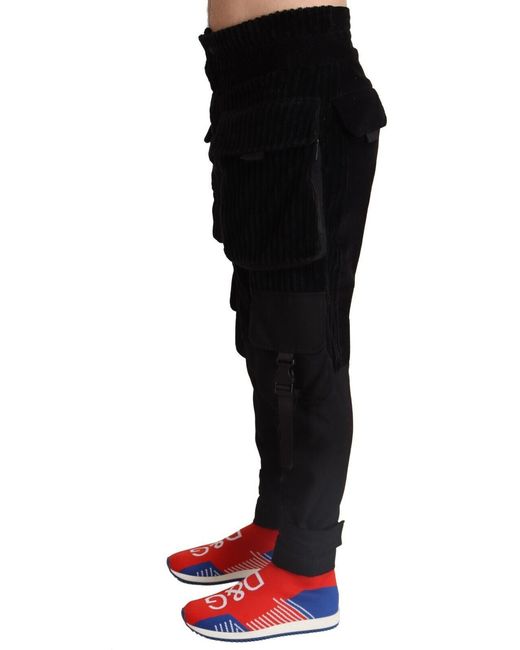 Dolce & Gabbana Black Cotton Skinny Corduroy Cargo Pants for men