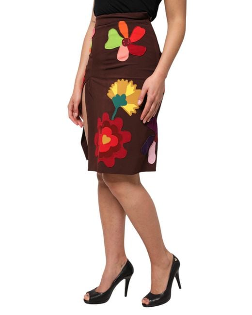 Dolce & Gabbana Red Floral Appliqu Slit Skirt