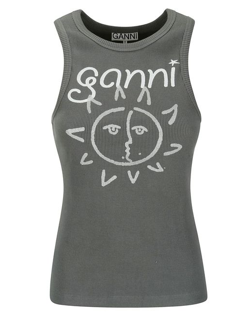 Ganni Gray Graphic Rib Sun Tank Top
