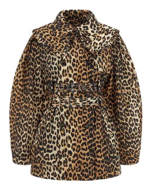 Ganni Brown 'Leopard Duchesse Nylon Short' Trench Coat